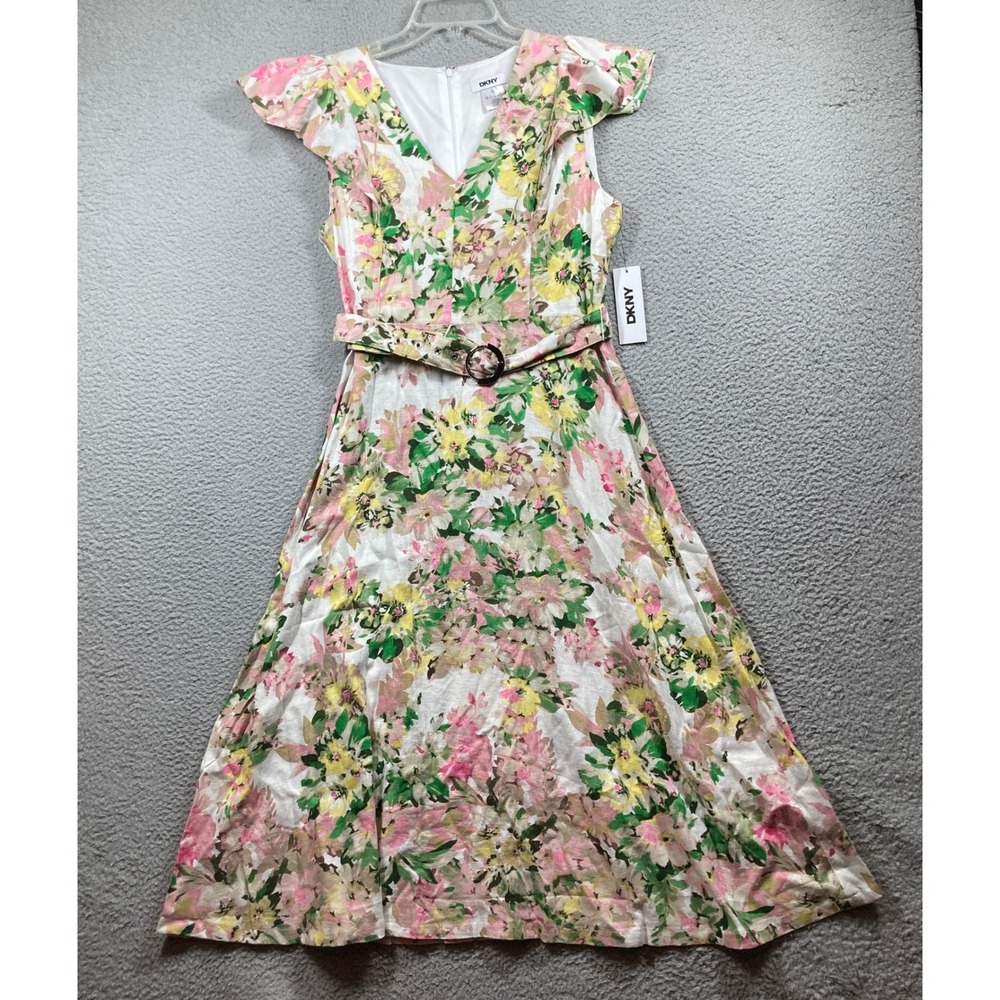 DKNY Floral Midi Dress Women 10 NEW Multicolor Linen Blend Flutter Sleeve Belted